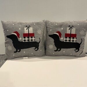 Pair Of Dachshund Throw Pillows Christmas Gifts Buffalo Plaid Snowflakes 16 X 16